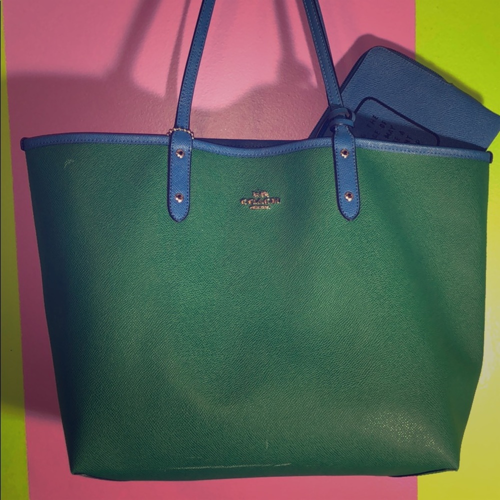 Reversible coach bag with matching wristlet